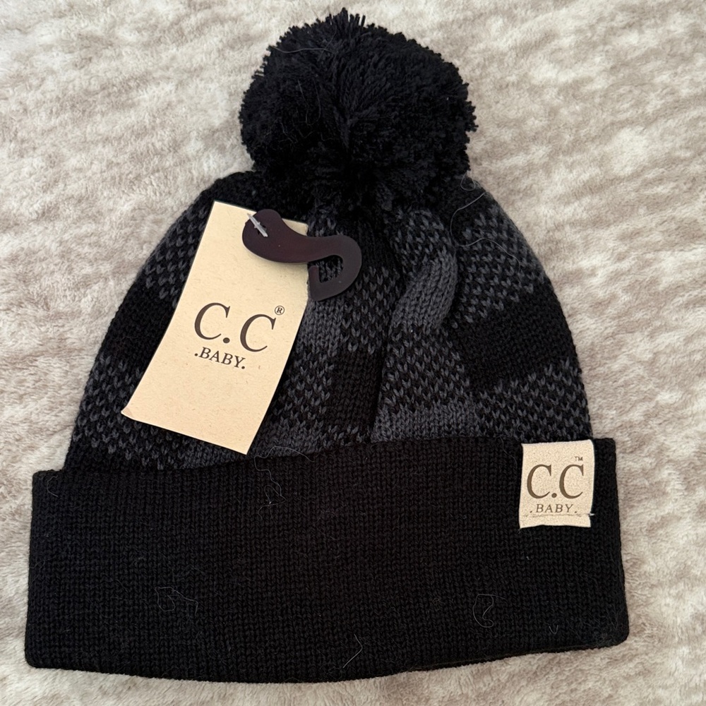 C.C Baby Black and Gray Checkered Knit Pom Beanie